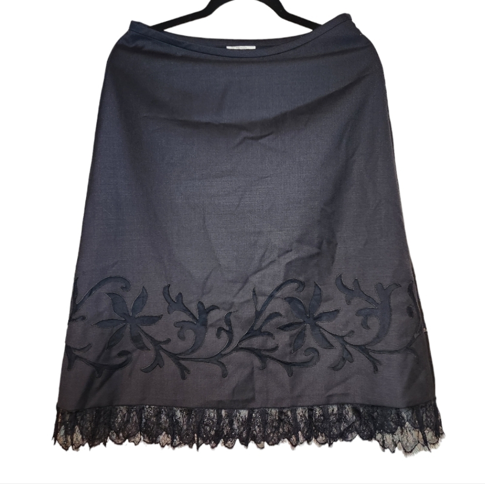 Ann Taylor Loft Black Wool Blend Lined Midi Skirt Lace Hem Size 8 Petite